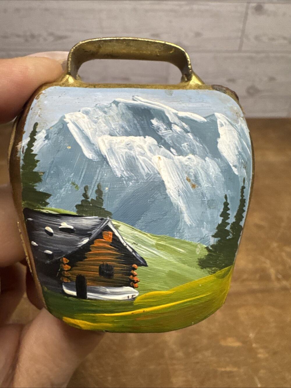 Vintage Hand Painted Alpine Scene Mini Cowbell Brass Swiss Austria Souvenir Bell